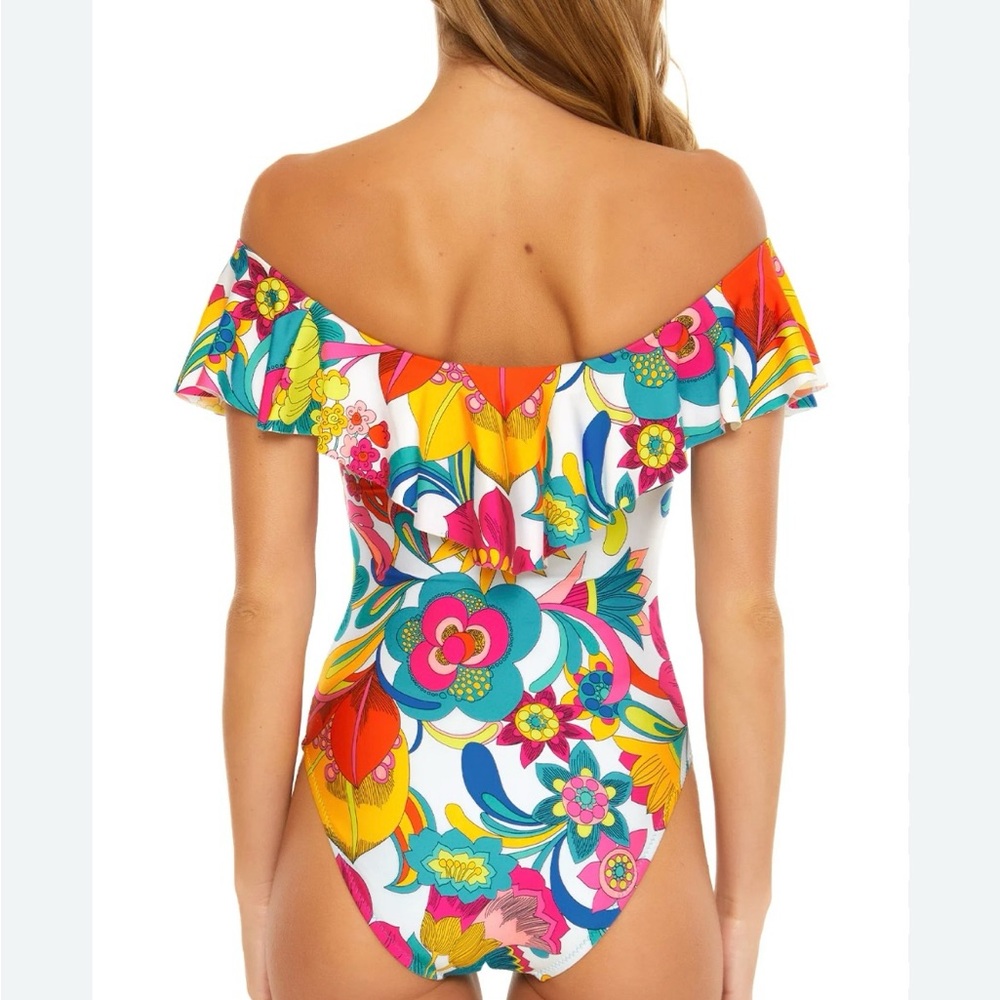 NWT TRINA TURK FONTAINE OFF‎ THE SHOULDER RUFFLE ONE PIECE SWIMSUIT Multi 10 - Picture 3 of 8